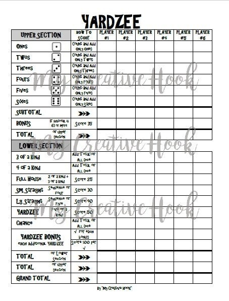 Printable Yardzee 8.5 x 11 Score Sheet Download