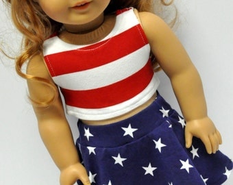 Red and White Striped Crop Top with Navy Star Print Skater Skirt 18 Inch Doll Clothes