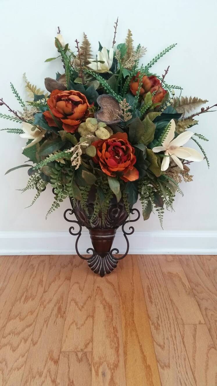 Elegant Traditional Wall Sconce Fall Floral Arrangement Silk on Silk Floral Wall Arrangements id=51001