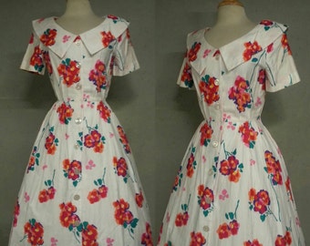 SALE Vintage 80s 50s Dress / Liz Claiborne English Garden Portrait Collar Fit n Flare Swing Frock