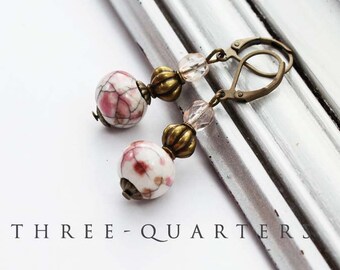 Earrings, porcelain, beads, mosaic, pink, dusty rose, romantic, boho, pendant, antique, vintage, wedding, gift, oriental