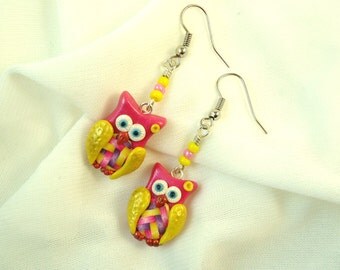 Owl earrings, Pink yellow fimo polymer clay, Cute forest creature, Handmade little owl fantasy modern jewelry, Kawaii, Bird wing accessories