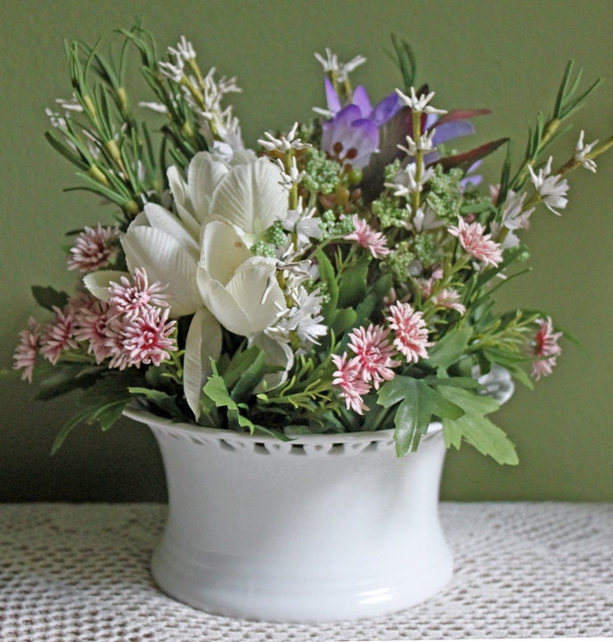 Silk Flower Arrangement in Vintage Porcelain Vase. Bouquet of
