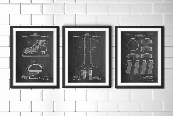 Ice Hockey Patent Poster Group of 3, Hockey Stick, Hockey Decor, Ice Skate, Hockey Puck, Hockey Wall Art, PP1164