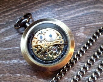 Steampunk Pocket Watch with Watch Chain Personalized Skeleton Pocket Watch Clearance Gift for Him Mens Gift Mens Watch Ships to US/Canada
