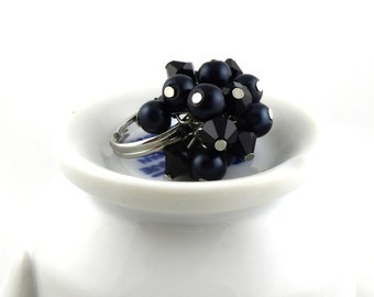 Cocktail Ring- Black Crystal & Pearl