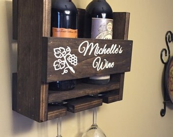 Personalized Wine Rack Engraved Carved Custom Rustic 2 Bottle Wall Mount Wine Rack with 2 Glass Slot Holder, Wall Decor