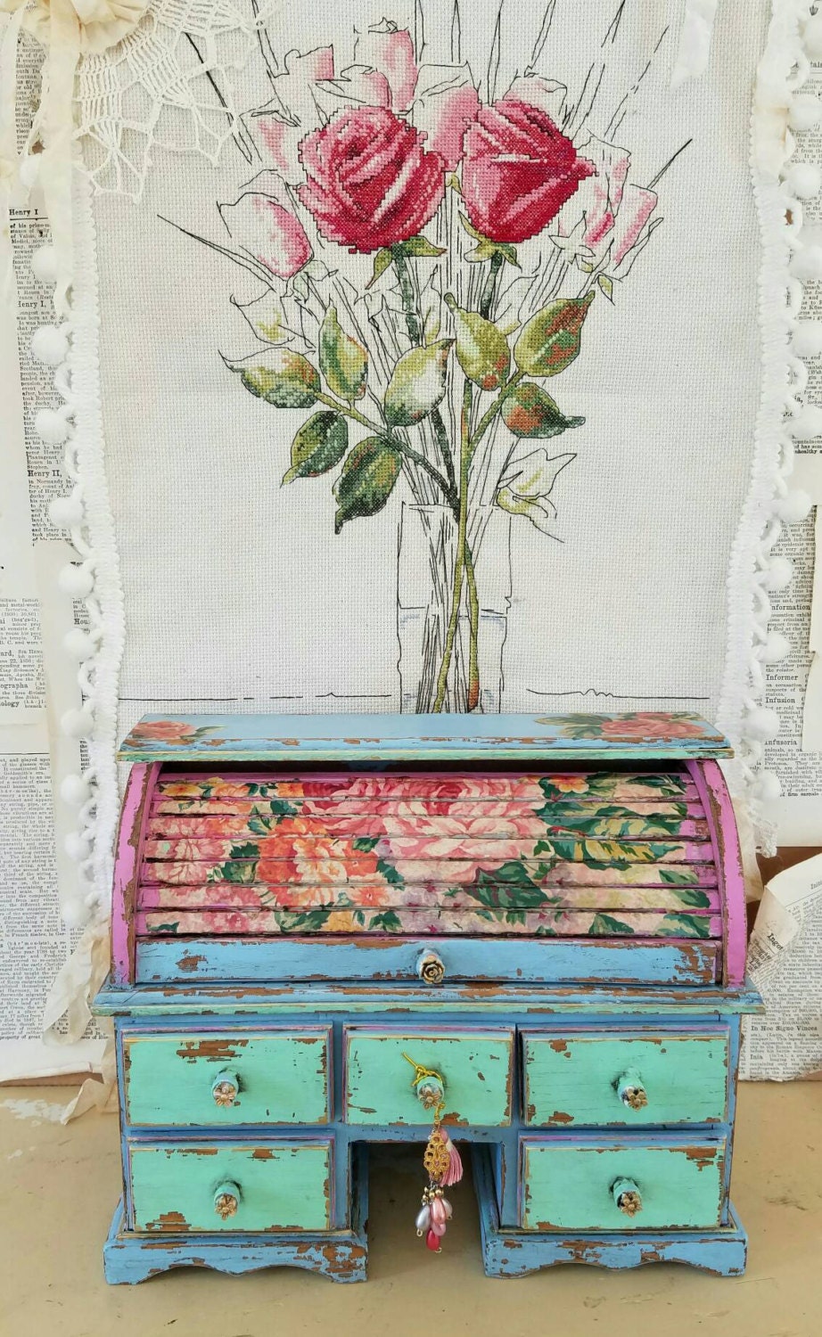 Roll Top Box With five Drawer Storage Box Jewelry Box Kitchen