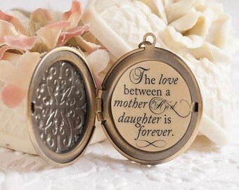 Mother Daughter Necklace The love between a mother and daughter is forever Quote Necklace Embossed Locket Gift for Mom Mother of the Bride