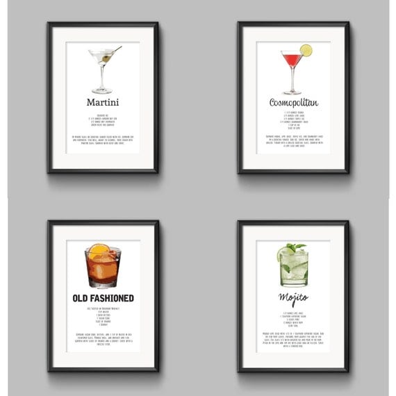 Items similar to Set of Four Matted Cocktail Recipe Prints on Etsy