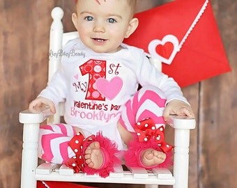My first valentines day baby girl bodysuit headband personalized outfit birthday