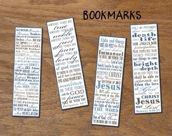 Christian Bookmarks. Instant download. DIY printable book marks. Books of Bible. Digital. Book lover gift. Names of Jesus. Romans 8:38-39