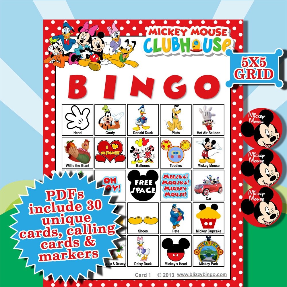 MICKEY MOUSE CLUBHOUSE 5x5 Bingo printable PDFs contain