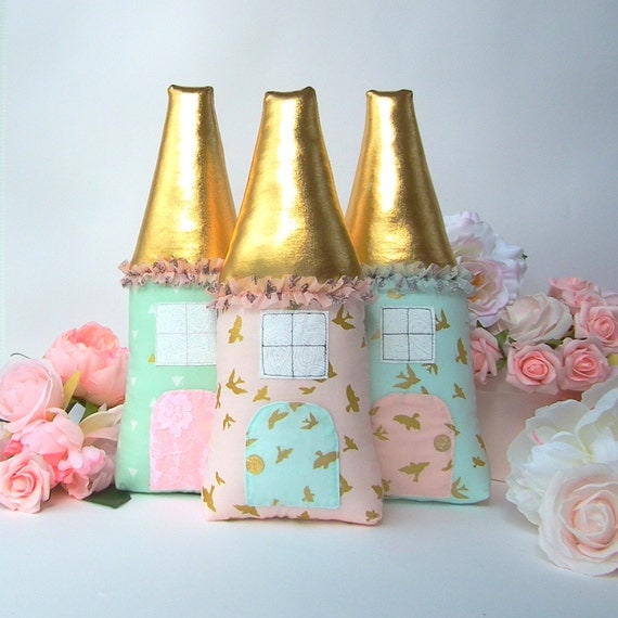 Tooth fairy pillow pink mint plush house with gold roof Fairy