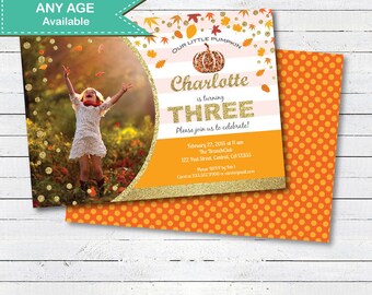 Fall birthday invitation. Little pumpkin 3rd birthday pink and gold glitter falling leaves girl birthday printable photo invite, TX022