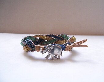 Pewter Elephant Beaded Braided Leather Wrap Cuff Bracelet, Elephant Bracelet, Elephant Jewelry, Leather Jewelry, Leather Cuff Bracelet