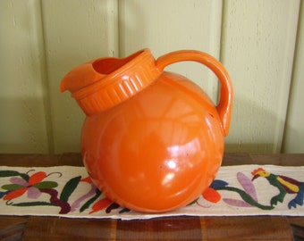 Anchor Hocking Fired on Orange Glass Tilted Ball Pitcher 1940's Art Deco