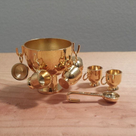 RESERVED 8 Piece Gold Metal Miniature Punch Bowl with Cups