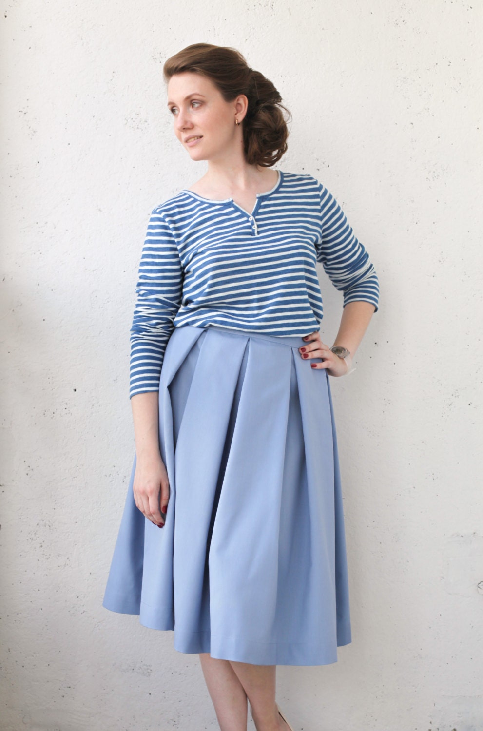 Light blue midi pleated skirt tea length skirt full skirt