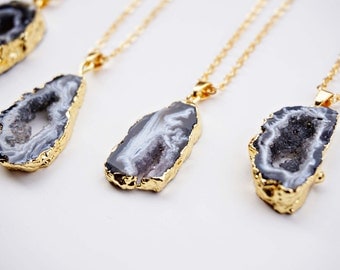 Black and Grey Geode Agate Slice Druzy Necklace