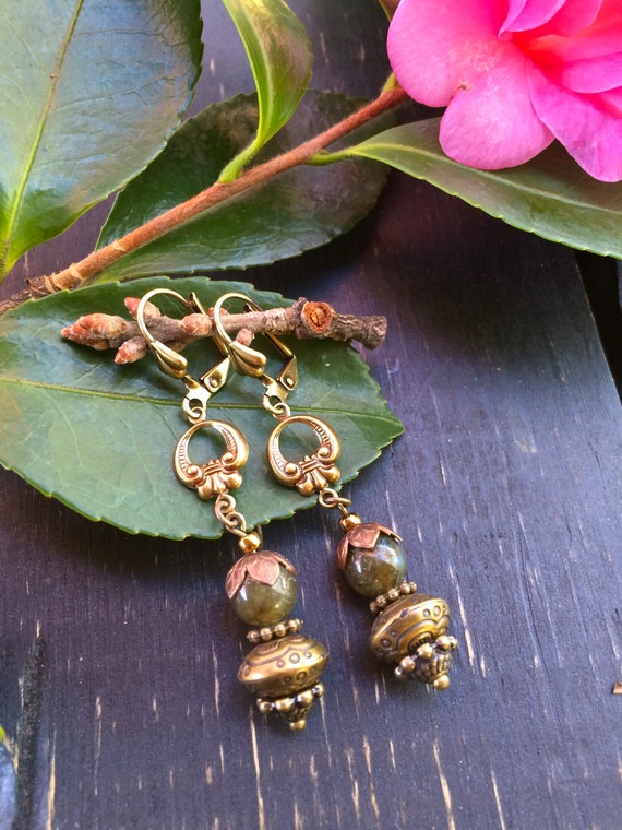 Antique Brass Dangle Earrings Art Nouveau by KarenTylerDesigns