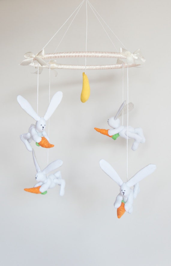 White Crib mobile Hare Baby Mobile White Bunny mobile by Lapintrou
