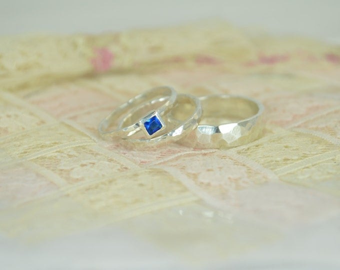 Square Blue Zircon Engagement Ring, Sterling Silver, Blue Zircon Wedding Ring Set, Rustic Wedding Ring Set, December Birthstone, Blue Zircon
