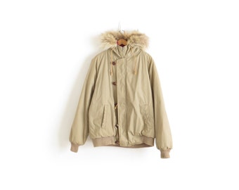 Mens Parka Bomber Jacket Mens Vintage Winer Jacket Fur Hooded Coat Beige Short Coat Toggle Coat Lambswool Insulated Winter Coat Medium Large