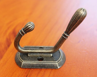 Hat and coat hook - 'Art Deco' rectangular, metal, antique style large double hook - 65mm high x 30mm wide, 50mm projection - hardware