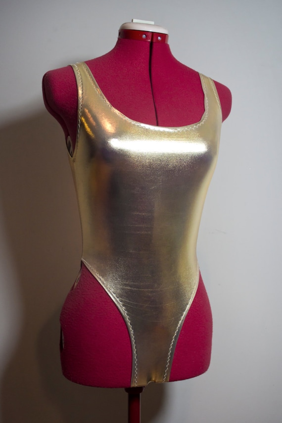 Gold Thong Bodysuit Liquid Metal Shiny High Cut By Peithoblack