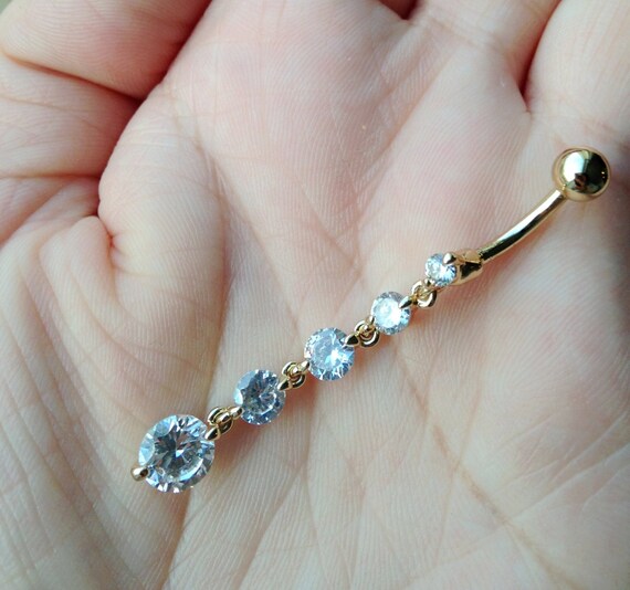 CZ Long Drop Gold Belly Button Ring. Gold Belly Ring.