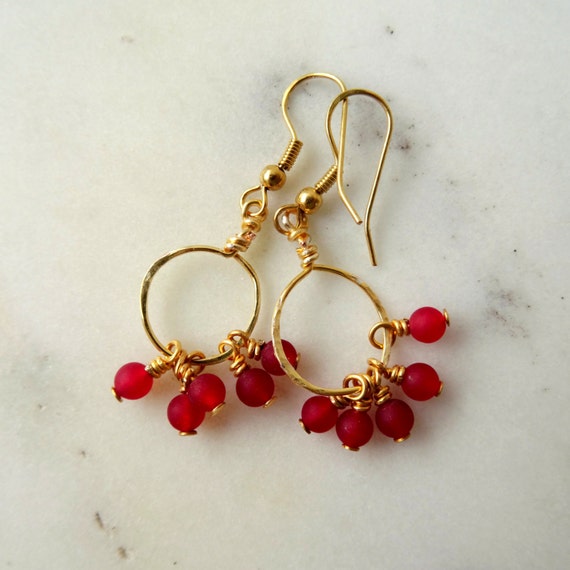 Red hoop earrings festive fashion hammered gold hoop