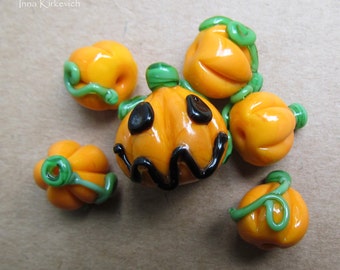 Halloween lampwork beads, 6 pc pumpkin lampwork beads, handmade glass beads, handmade lampwork beads, glass pumpkin beads, orange lampwork