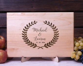 Personalized Cutting Board Laurel Leaves cutting board Wedding gift Housewarming gift Anniversary Gift for Couple Custom Engraved Monogram