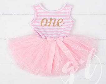 First Birthday outfit dress with gold letters and pink tutu for girls or toddlers