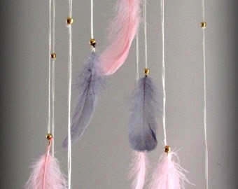 Coral Mint Gray Baby Mobile, Dream catcher Mobile, Boho Feather Mobile, Nursery Mobile, Woodland Mobile, Native American Style.