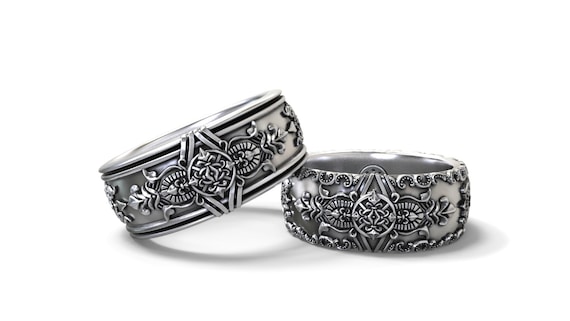  Gothic  wedding bands  his  and hers  set Sterling silver Gold