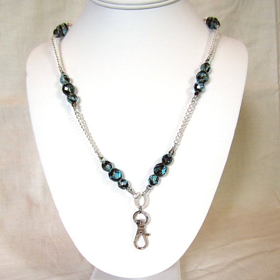 Blue Crystal Beaded Lanyard Sparkly Blue Beaded Lanyard