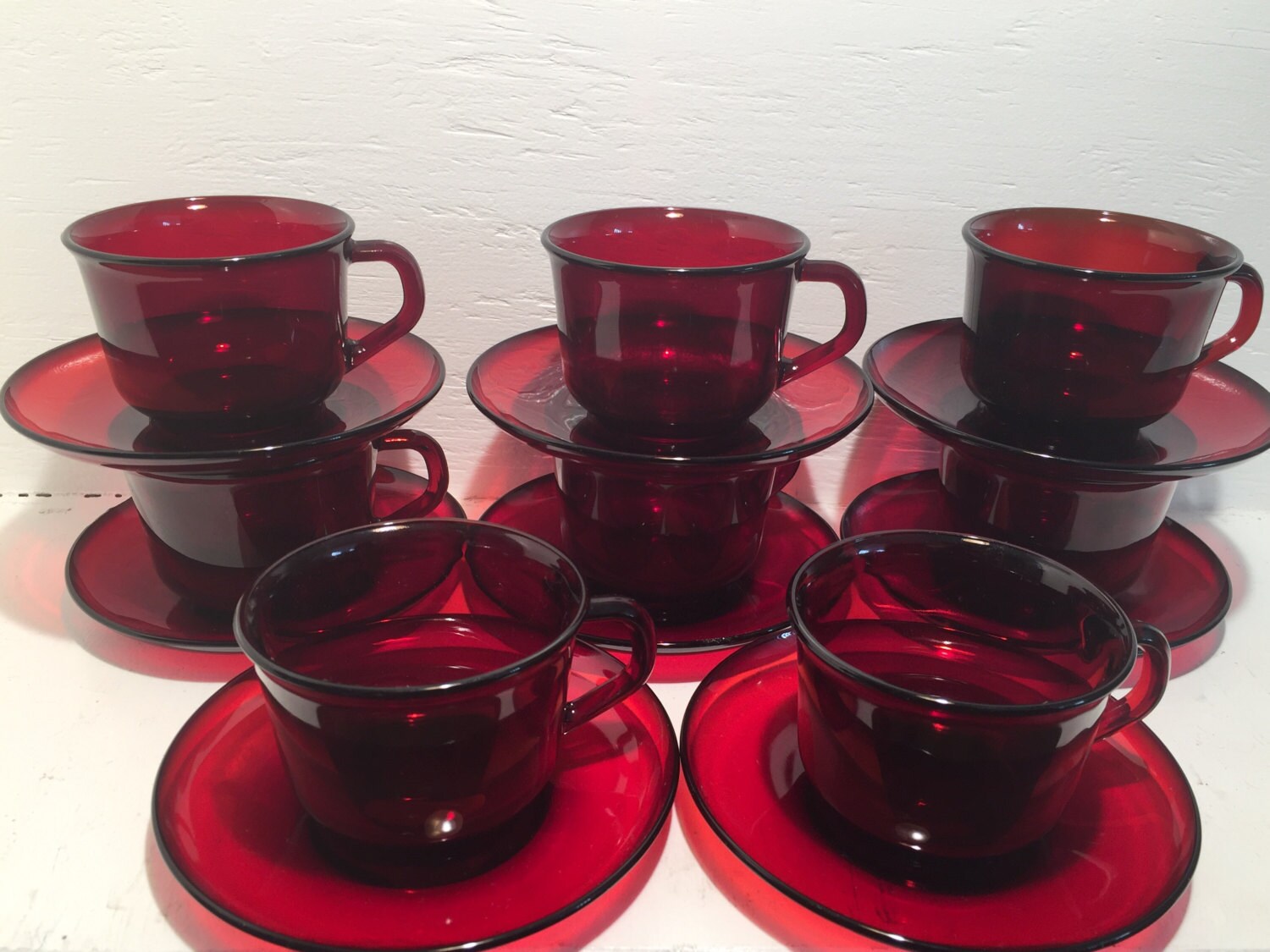 Arcoroc France Ruby Red Glass Cup & Saucer Set Red by Speckadoos