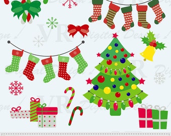 Merry Christmas Clip Art, Christmas Tree Clipart, Christmas Stockings Clip Art, Digital Download Vector Clip Art