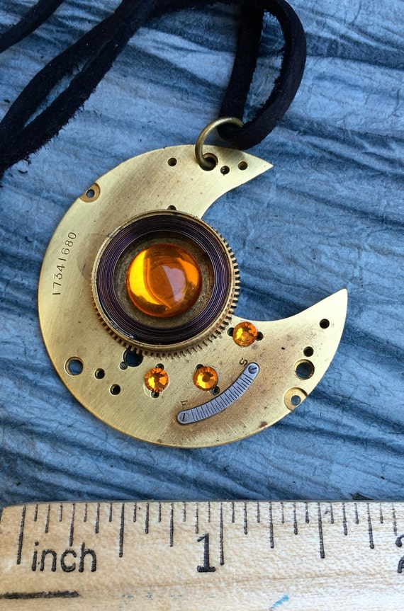 SALE Steampunk Men's Necklace, Amber Colored, Steampunk Jewelry, Women's Necklace, Moon Necklace, Men's Jewelry, Unique Jewelry, Choker by RetroHippieUnlimited steampunk buy now online