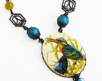 Bird Pendant Necklace Large Vintage Bird Cameo Necklace Blue Green Teal Victorian Necklace Kingfisher