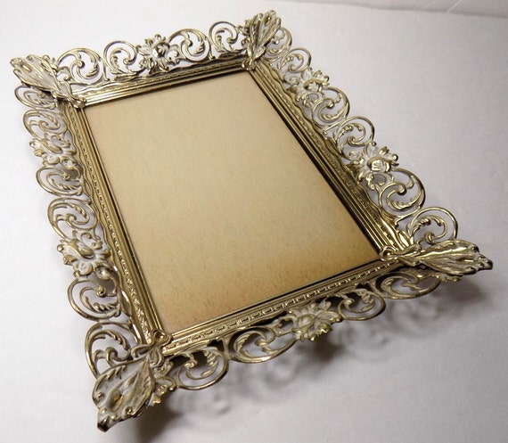 Ornate Filigree Picture Frame Gold and White Openwork Metal