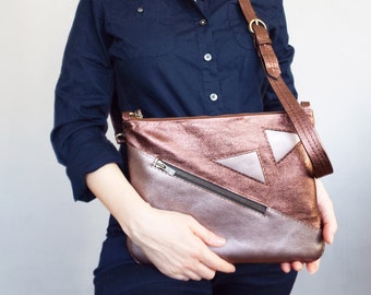 Copper leather purse. Geometric leather clutch. Leather crossbody bag.