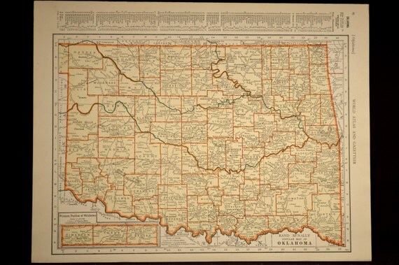 Oklahoma Map Oklahoma Vintage State 1930s Original 1935