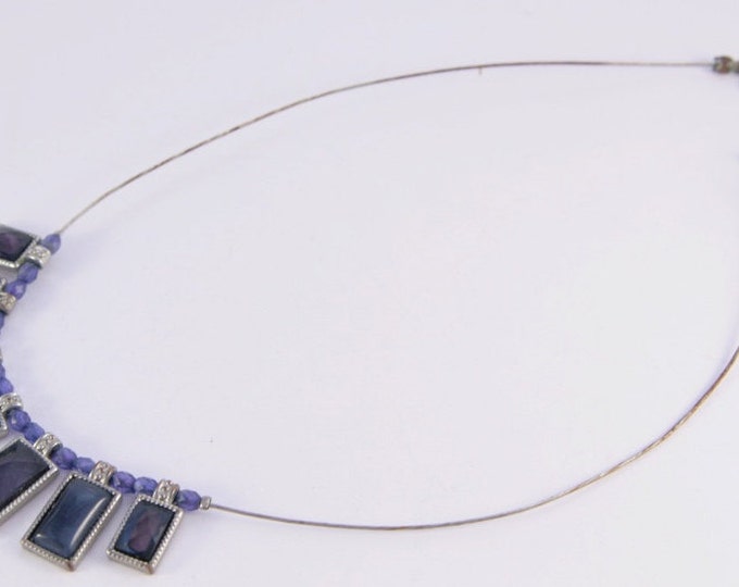 Violet Bib Necklace Delicate Dainty Amethyst Color Bar Beaded Wire Necklace
