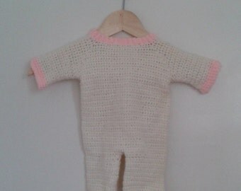 Vintage 1960's Baby Girls' Hand Knitted White Sleeper Footies Onesie Pink Trim 9 - 12 Mo