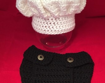 Newborn Chef Hat, Diaper Cover, newborn photo prop, Baby Chef set, Baker Set, Crochet baby chef Hat, Newborn Chef Costume, newborn halloween
