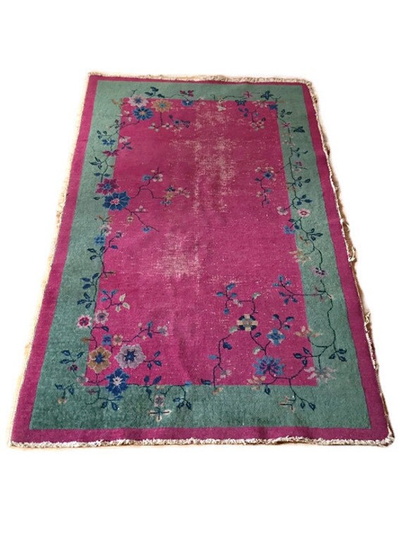 Vintage Chinoiserie Rug Chinese Art Deco Rug Magenta Worn in