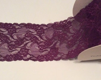 Deep Purple Merlot Floral Stretch Lace Trim * Sold by the Yard * 7" Wide * 4-way Stretch